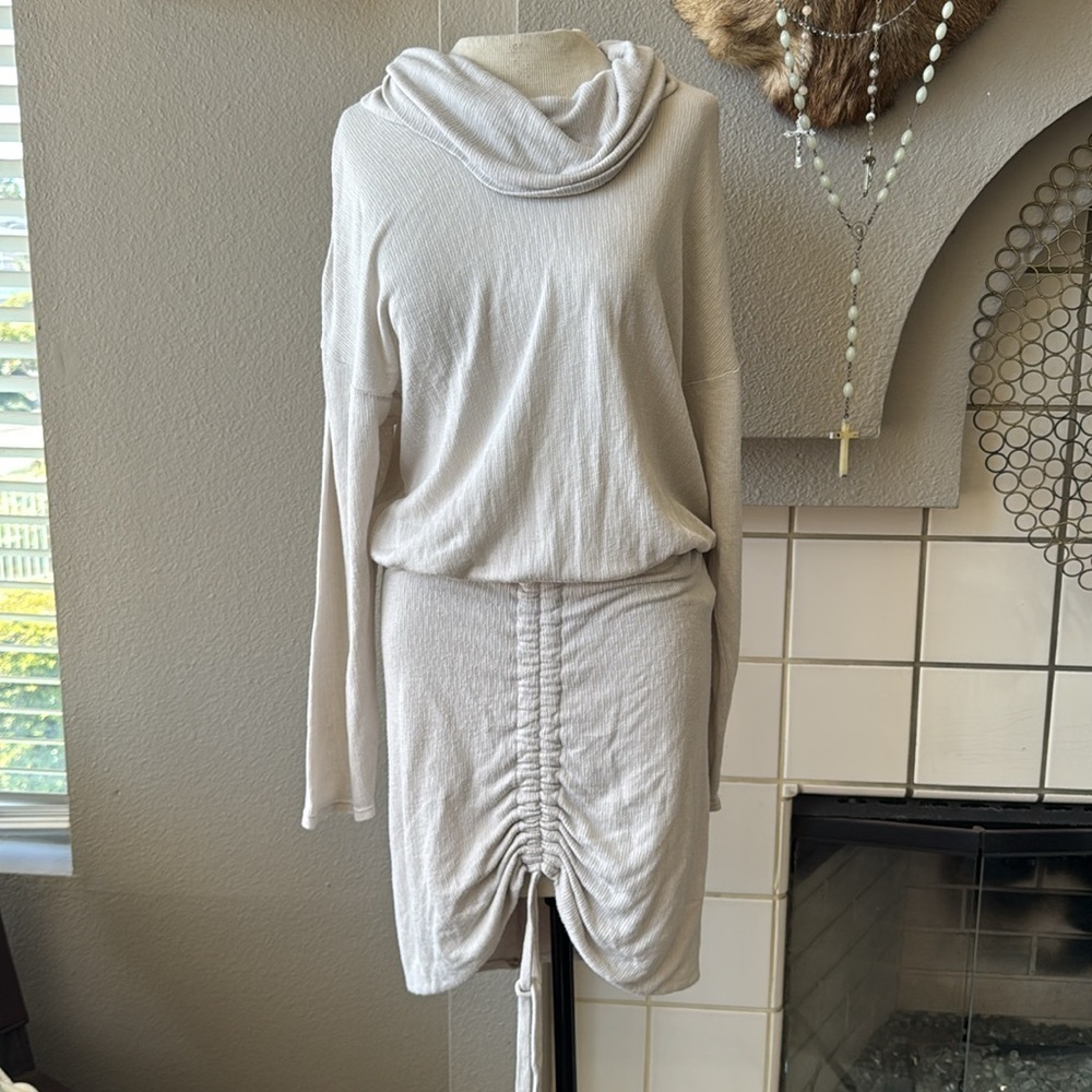 Free People Women's Sundown Cowl Neck Ruched Mini Dress size small beige color